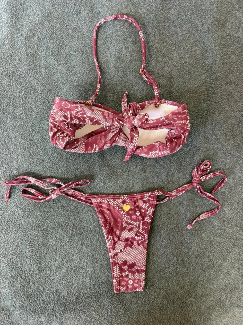 Brazilian Mauve Lace Print Bikini Set | Bandeau Top | Tie-Side Brazilian Bottom